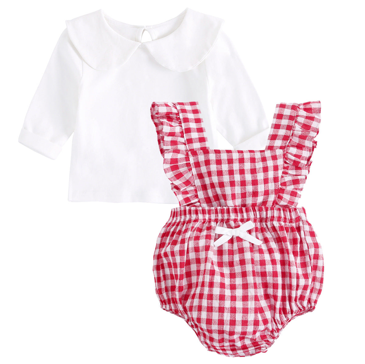 Baby Girl Doll Neck Solid Shirt & Red Plaid Graphic Bow Patched Bodysuit One Pieces Sets