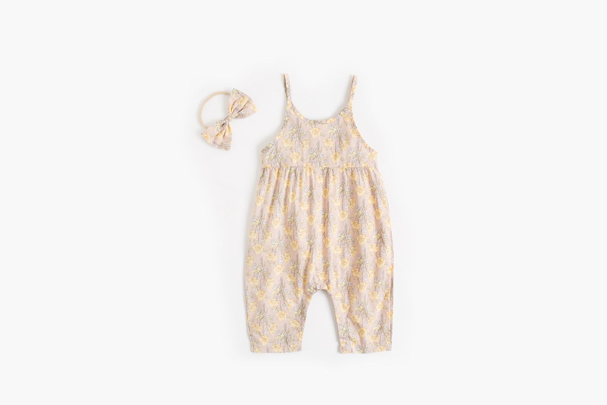 Baby Girl Floral Print Pattern Backless Design Sleeveless Rompers With Handband