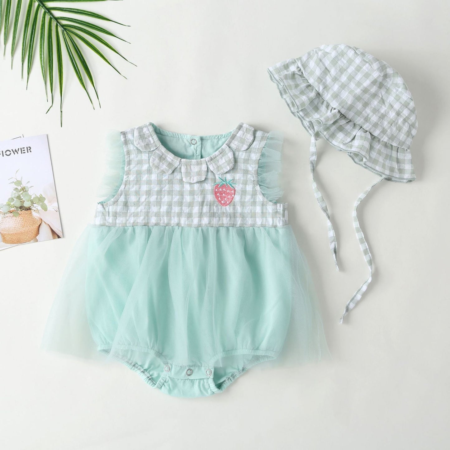 Baby Girl Plaid Graphic Strawberry Embroidery Mesh Overlay Floral Neck Dress
