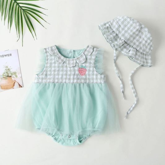 Baby Girl Plaid Graphic Strawberry Embroidery Mesh Overlay Floral Neck Dress