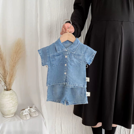 Summer Hot Selling Baby Kids Boys Short Sleeves Denim Single Breasted Top and Shorts Clothing Set