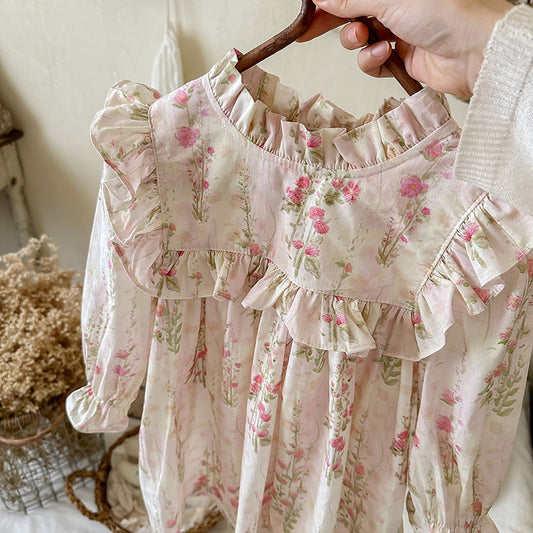 Arrival French Style Autumn Girls Floral Pattern Long Sleeves Ruffle Dress