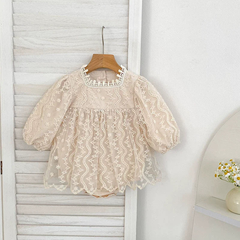 Autumn Baby Girls Flowers and Geometric Embroidered Pattern Long-sleeved Tulle Onesies and Dress – Princess Sister Matching Set