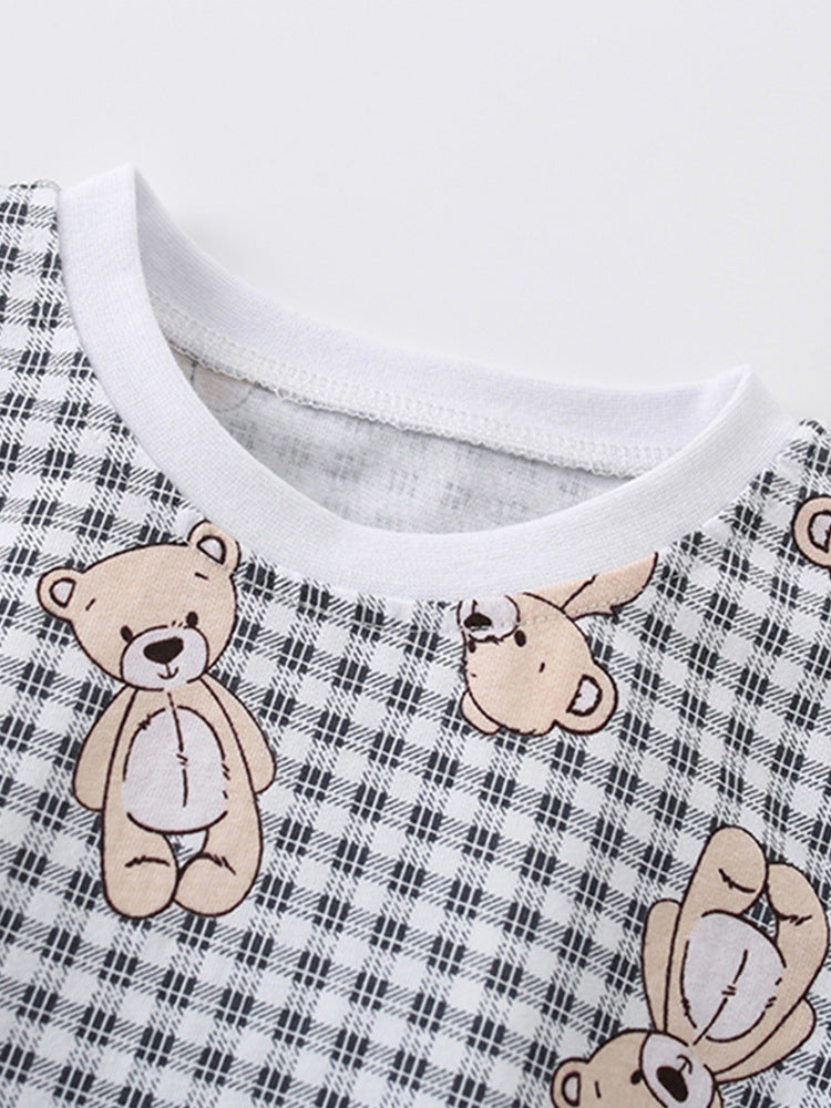 Summer Baby Kids Girls Teddy Bear Pattern Plaid Crew Neck Shirt And Denim Shorts Clothing Set
