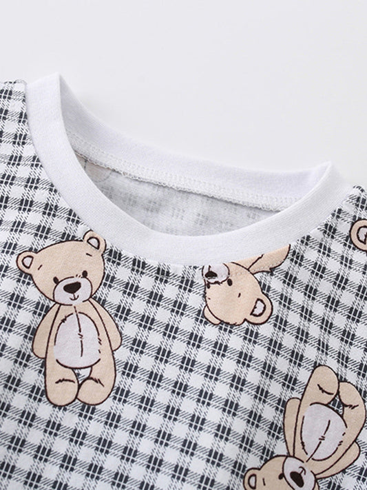 Summer Baby Kids Girls Teddy Bear Pattern Plaid Crew Neck Shirt And Denim Shorts Clothing Set