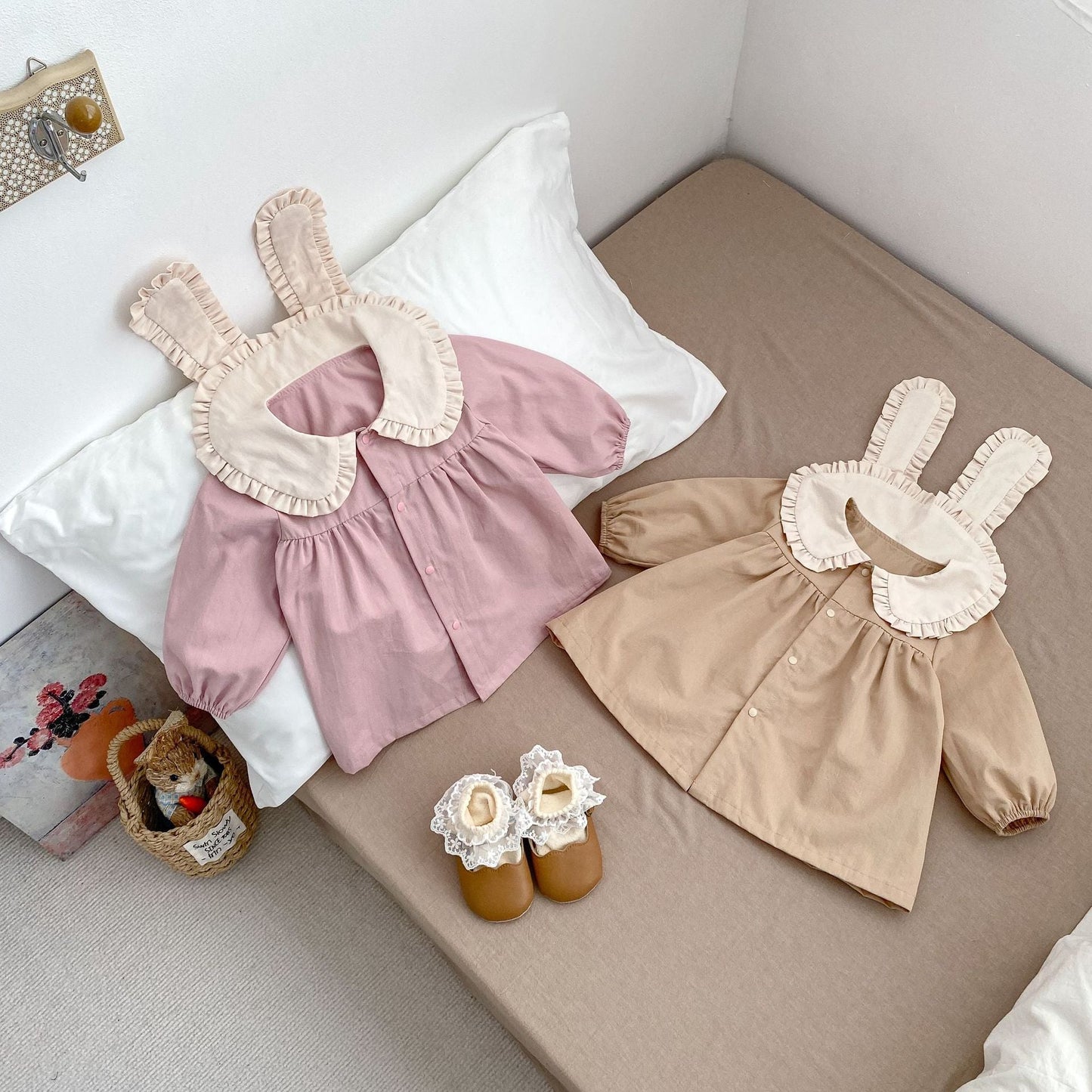 Spring and Autumn Rabbit Design Long-sleeved Dress with Ear Collar for Stylish Girls