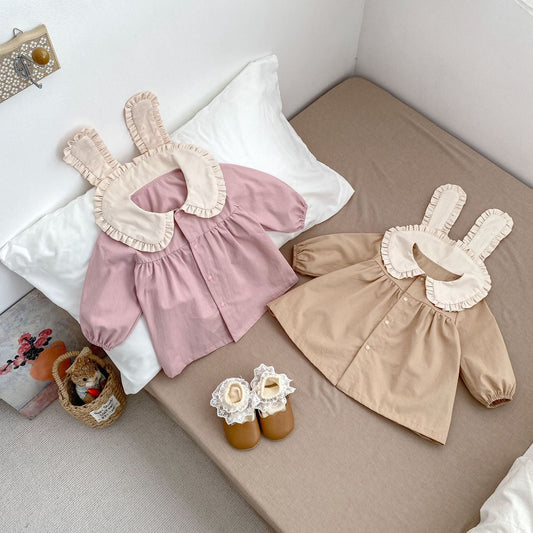 Spring and Autumn Rabbit Design Long-sleeved Dress with Ear Collar for Stylish Girls
