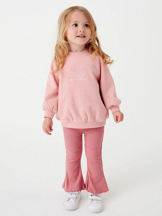 Spring Baby Kids Girls Letters Embroidery Long Sleeves Pullover And Solid Flared Pants Clothing Set