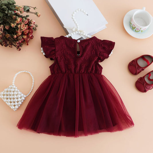 Summer Hot Selling Kids Girls Cute Fly Sleeves Flowers Jacquard Pattern Tulle Dress
