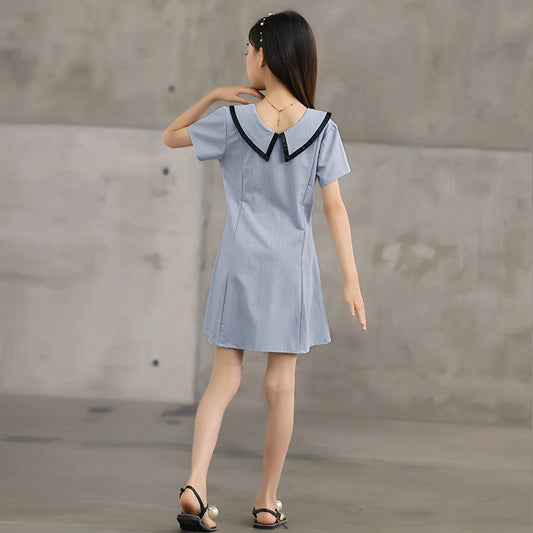 Design Summer Kids Girls French Style Simple Square Neck Turndown Collar Dress