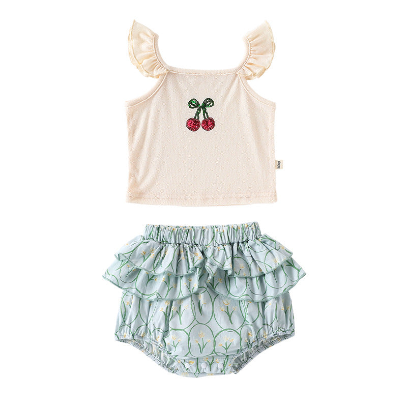 Summer Arrival Baby Girls Sleeveless Beaded Cherry Pattern Top Vest and Bloomers Clothing Sets