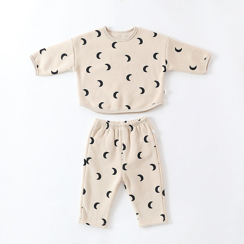 Unisex Baby Moon Print Round Collar Top Combo Long Pants In Sets