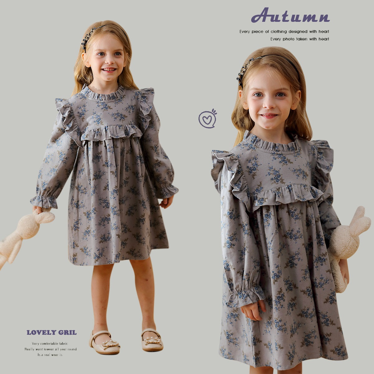 Arrival Autumn Girls French Style Ruffle Neck Long Sleeves Floral Pattern Dress