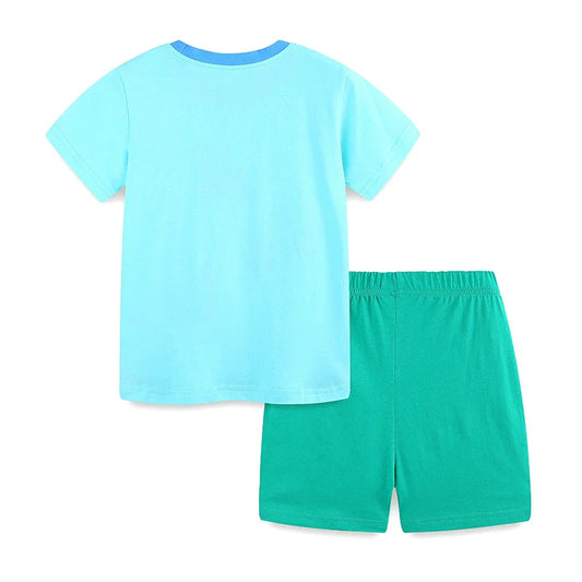 Summer Baby Kids Cartoon Tractor Pattern T-shirt and Plain Shorts Casual Clothing Set for Boys