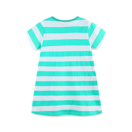 Summer Arrival Cotton Animals Pattern Short Sleeves Striped Dress for Stylish Girls