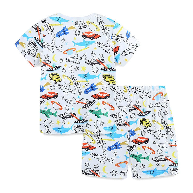 Summer Baby Kids Animals and Cars Cartoon Pattern T-shirt and Shorts Casual Clothing Set for Boys
