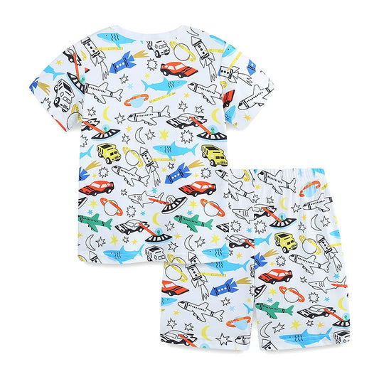 Summer Baby Kids Animals and Cars Cartoon Pattern T-shirt and Shorts Casual Clothing Set for Boys