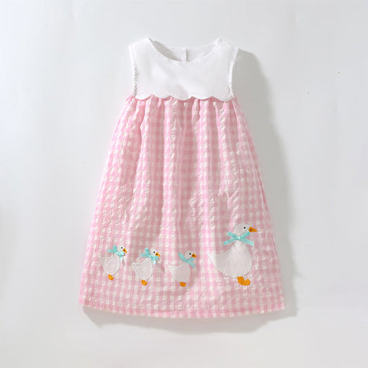 Summer Baby Girls Sleeveless Plaid Patchwork Geese Pattern Dress
