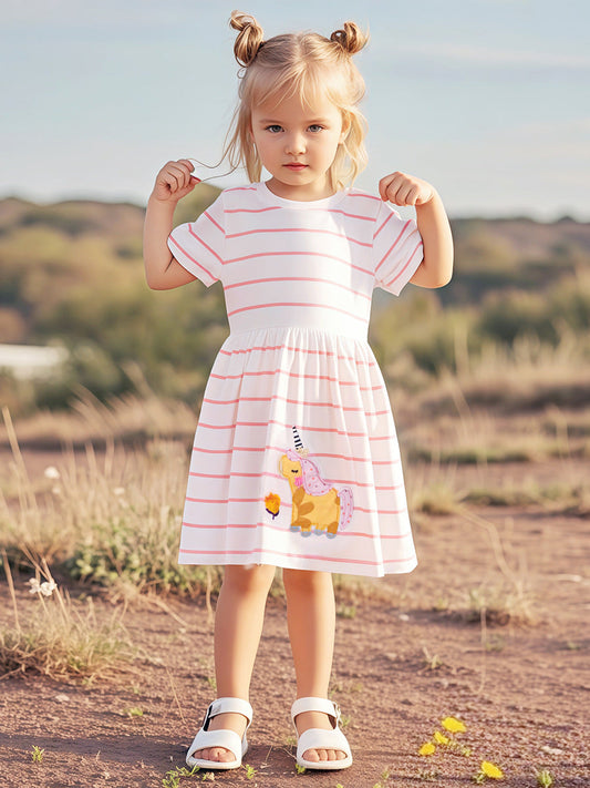 Summer Striped Dress for Girls, European and American Cute Animals Cartoon Pattern Dress