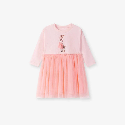 Autumn Arrival Cartoon Rabbit and Princess Pattern Long Sleeves Crew Neck Dress for Stylish Girls