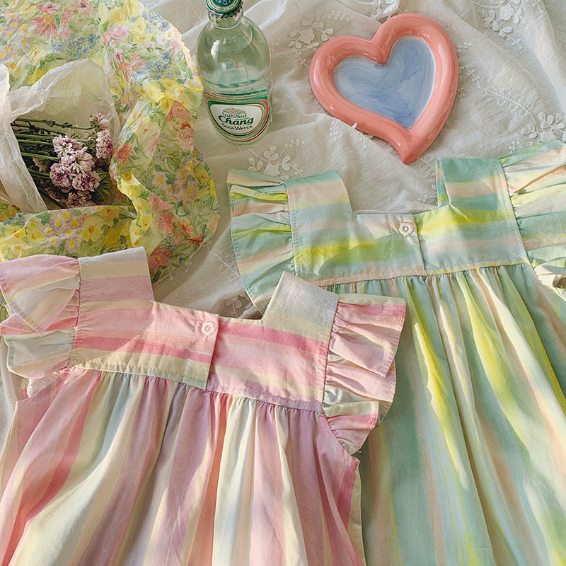 Summer Arrival Baby Kids Girls Fly Sleeves Striped Pattern Dress