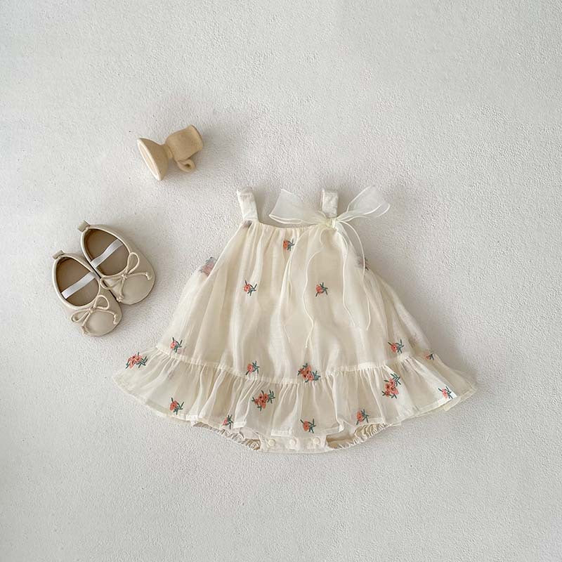 Summer Arrival Baby Girls Sleeveless Flowers Pattern Tulle Strap Onesies Dress