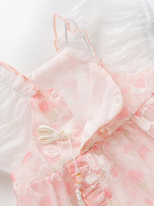 Summer Dress Design Baby Girls Pink Flowers Pattern And Embroidery Short Sleeves Square Neck Sweet Cute Onesies