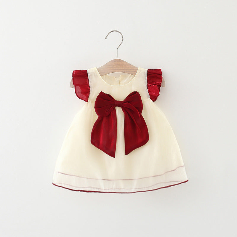 Baby Girl Solid Color Bow Tie Patched Design Mesh Princess Dress