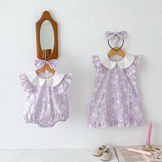 Arrival Summer Girls Flowers Pattern Fly Sleeves Peter Pan Collar Onesies And Dress – Sister Matching Clothing Set