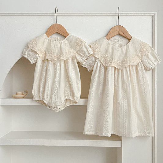 Summer Girls Solid Color Simple Floral Embroidery Big Collar Onesies And Dress – Princess Sister Matching Set