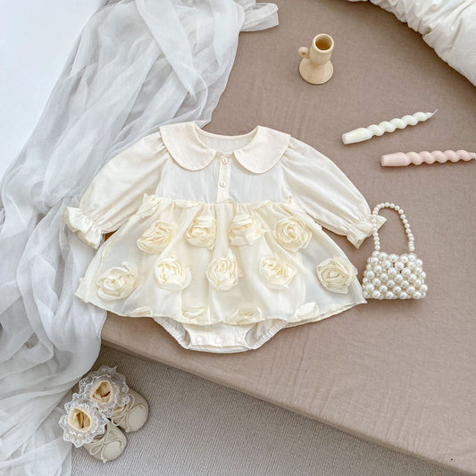 Autumn Arrival Baby Girls Long Sleeves Solid Color 3D Tulle Flowers Attached Bodysuits Dress