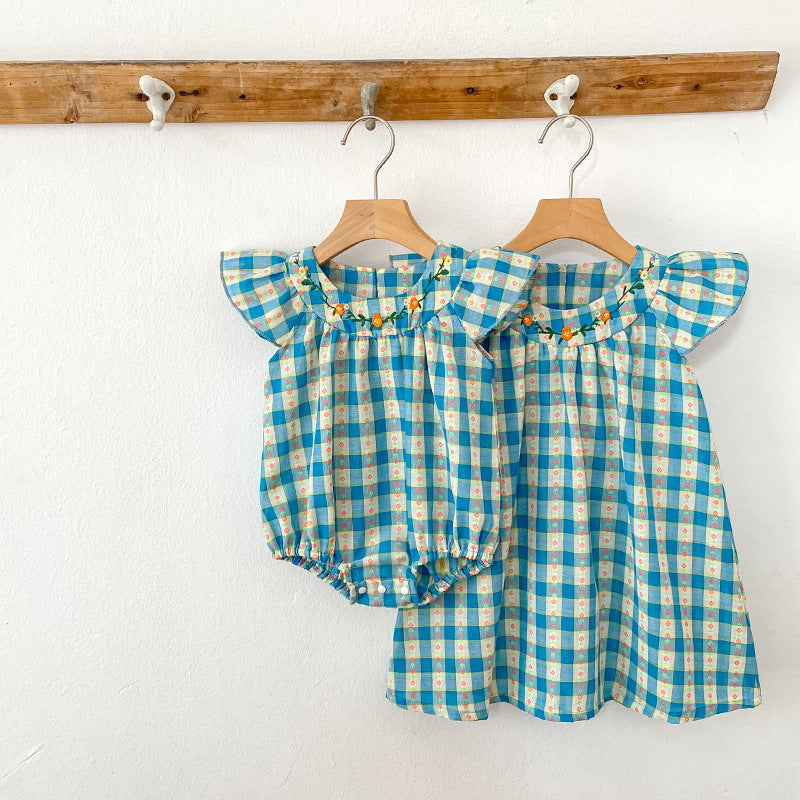 Summer Baby Girls French-style Flowers Pattern Fly-sleeved Plaid Onesies and Dress – Princess Sister Matching Set