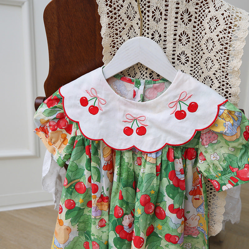 Design Summer Kids Girls Cartoon Oil Painting Print Short Sleeves Embroidered Collar Dress
