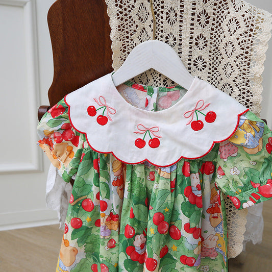 Design Summer Kids Girls Cartoon Oil Painting Print Short Sleeves Embroidered Collar Dress