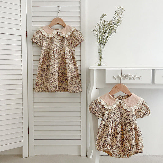 Design Summer Baby Kids Girls Floral Pattern Short Sleeves Peter Pan Collar Onesies And Girls’ Dress – Princess Sister Matching Set
