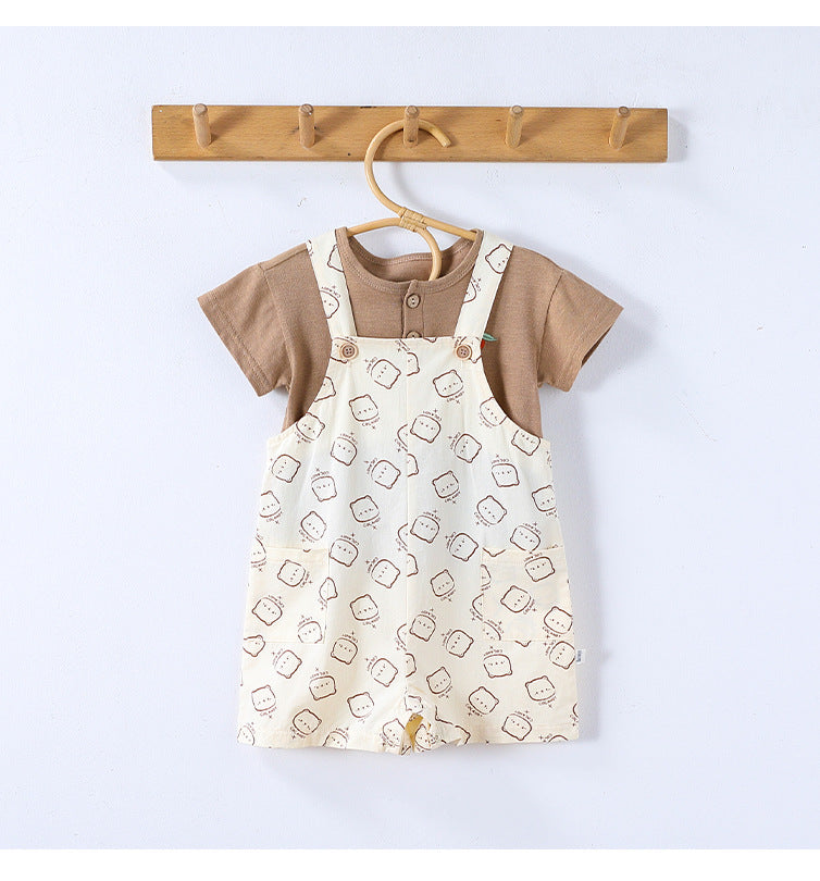 Summer Baby Kids Unisex Fruits Embroidered Pattern Short Sleeves T-shirt and Teddy Pattern Rompers Overalls Clothing Set
