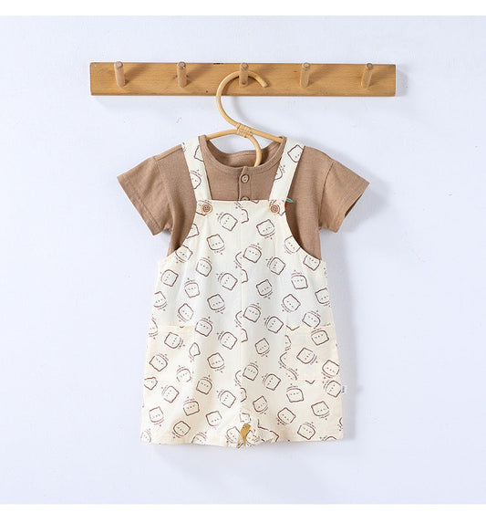 Summer Baby Kids Unisex Fruits Embroidered Pattern Short Sleeves T-shirt and Teddy Pattern Rompers Overalls Clothing Set