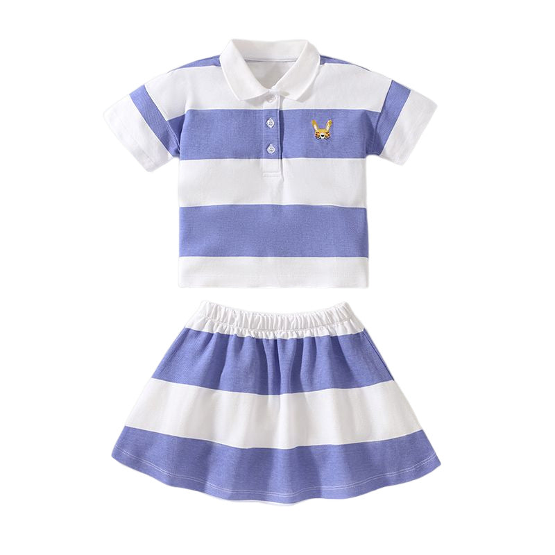 Baby Girl Striped Pattern Polo Neck Shirt With Skirt Sets In Summer