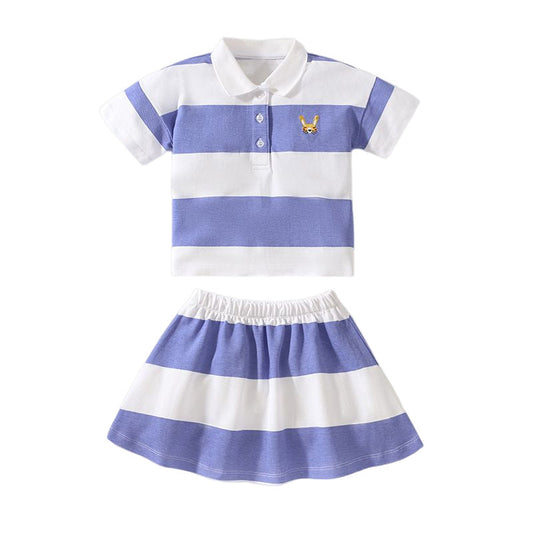 Baby Girl Striped Pattern Polo Neck Shirt With Skirt Sets In Summer