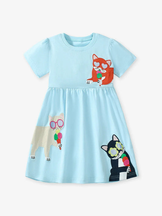 Summer Pure Cotton Animals Cartoon Pattern Short Sleeves Dress for Stylish Girls