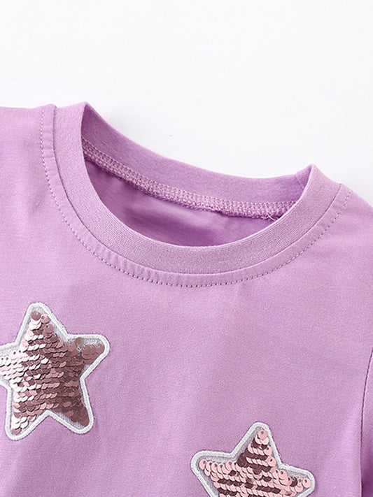Summer Arrival Girls’ Sequin Star Pattern Short Sleeves T-Shirt Patchwork Dress