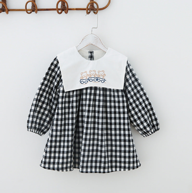Check Plaid Doll Collar Design Bear Cartoon Embroidery Thick Preppy Dress