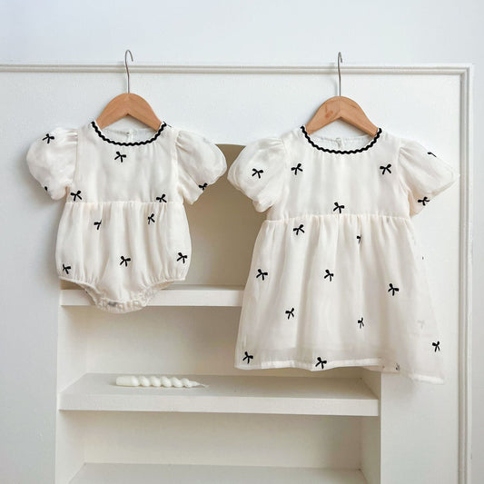 Summer Baby Kids Girls Butterfly Bows Pattern Short Sleeves Crew Neck Onesies And Girls’ Dress – Princess Sister Matching Set