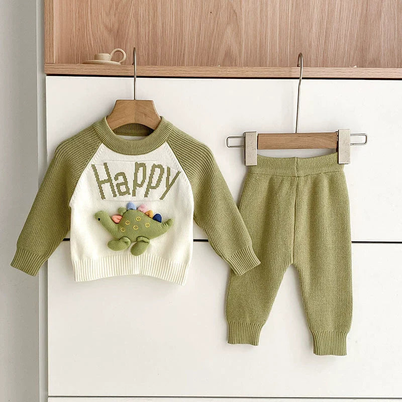 Arrival Autumn Baby Unisex Long Sleeves Color Patchwork Letters and Cartoon Pattern Knitted Top Sweater and Long Trousers Clothing Set
