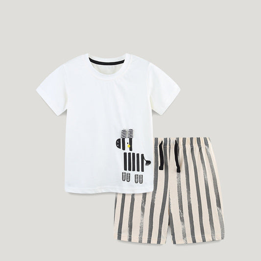 Summer Baby Kids Animals Cartoon Pattern T-shirt and Striped Shorts Clothing Set for Boys