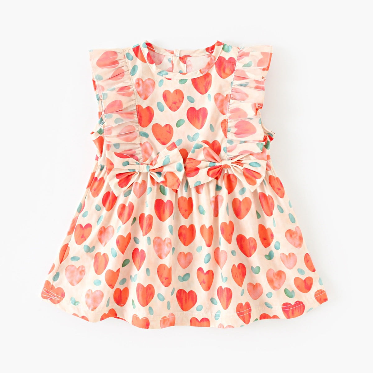 Summer Baby Girls Arrival Heart Pattern Double Bows Sleeveless Crew Neck Dress