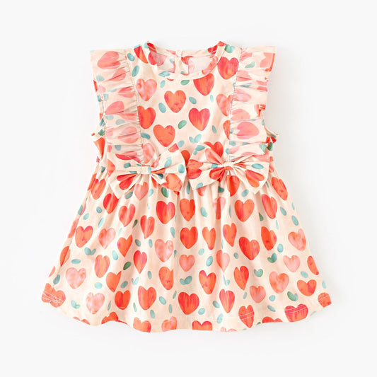 Summer Baby Girls Arrival Heart Pattern Double Bows Sleeveless Crew Neck Dress
