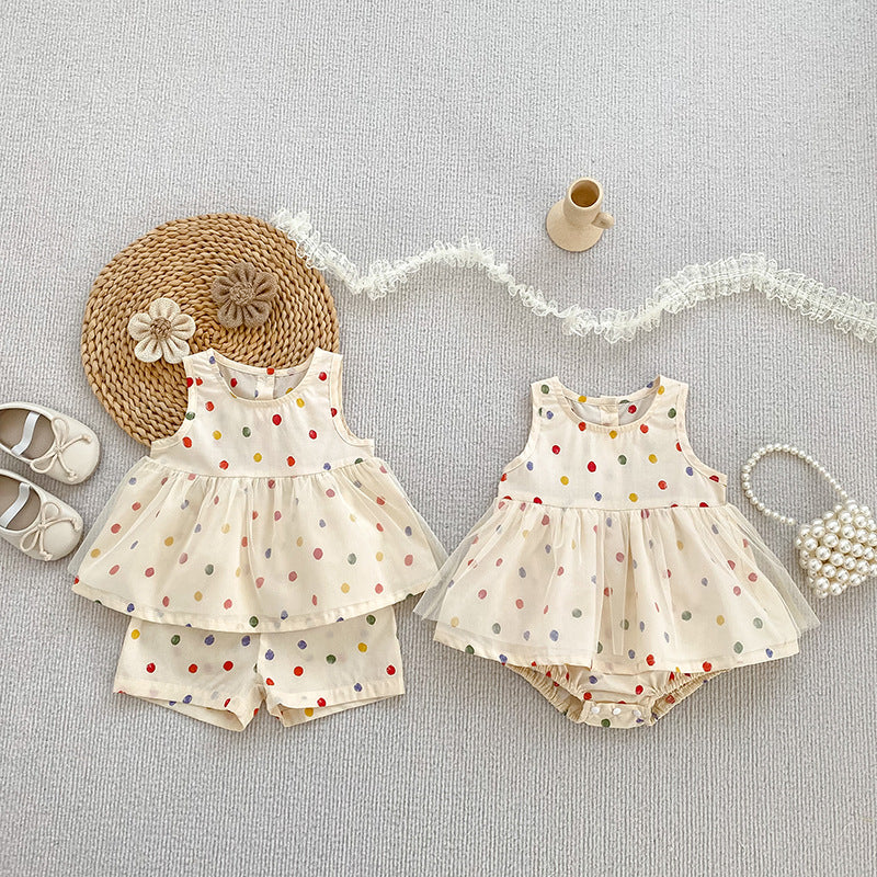 Summer Baby Kids Polka Dots Pattern Sleeveless Top and Shorts Clothing Set or Onesies for Girls