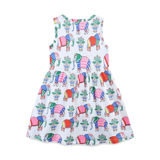 Summer Arrival Colorful Flowers and Elephants Pattern Sleeveless Crew Neck Dress for Stylish Girls