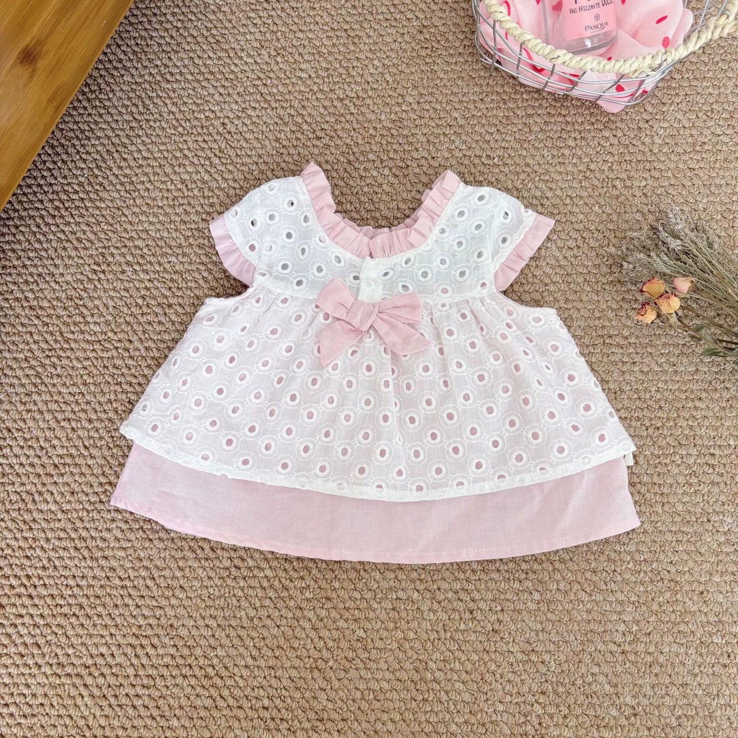Summer Hot Selling Baby Kids Girls Fly Sleeves Color Patchwork Hollow-out Pattern Top Dress and Bloomers Clothing Set
